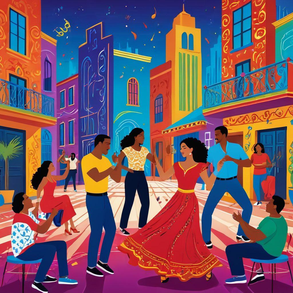 A colorful collage featuring energetic Latin musicians performing on stage, a family watching a lively Latin dance show on TV, and icons of popular streaming platforms. Add elements of vibrant music notes and cultural symbols. The background should be a mix of festive patterns and cityscapes to represent the dynamic Latin culture. super-realistic. vibrant colors.