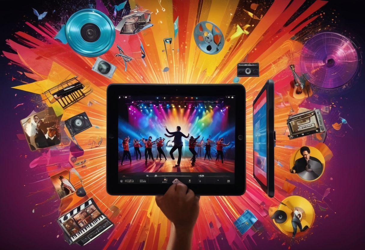 A vibrant collage showcasing Latin entertainment, featuring lively festival scenes with traditional costumes, concert stages with ecstatic crowds, and a tablet streaming a Latin dance performance. Elements of music notes and film reels intertwine, symbolizing video on demand. super-realistic. vibrant colors.